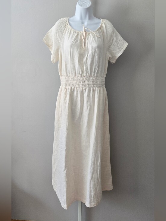 Pact Dresses & Skirts - Pact Cream Short-Sleeve Smocked-Waist Midi Dress